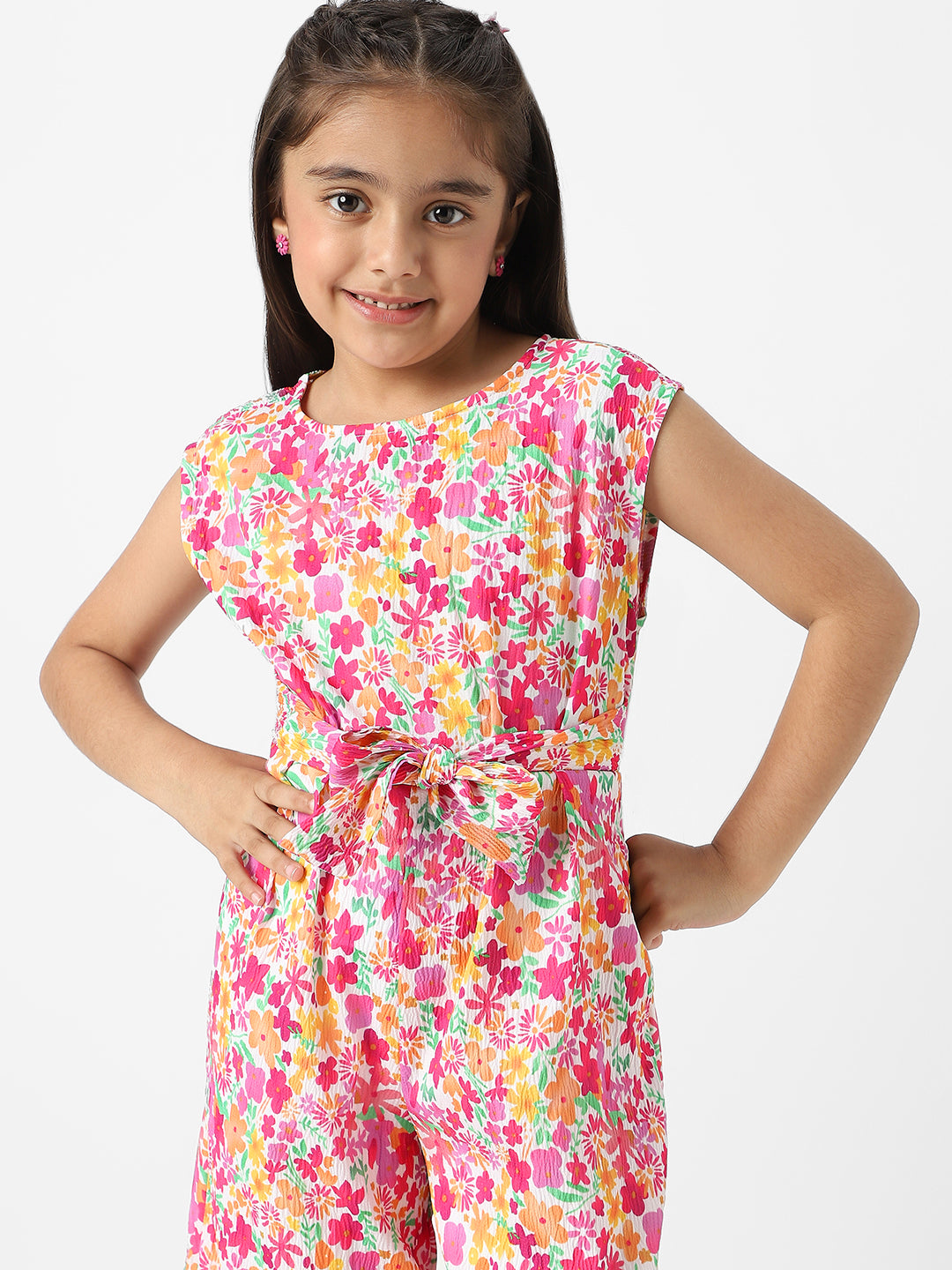 Nautinati Girls' Crepe Cotton Textured Fabric Floral Jumpsuit with Matching Tie-up Belt