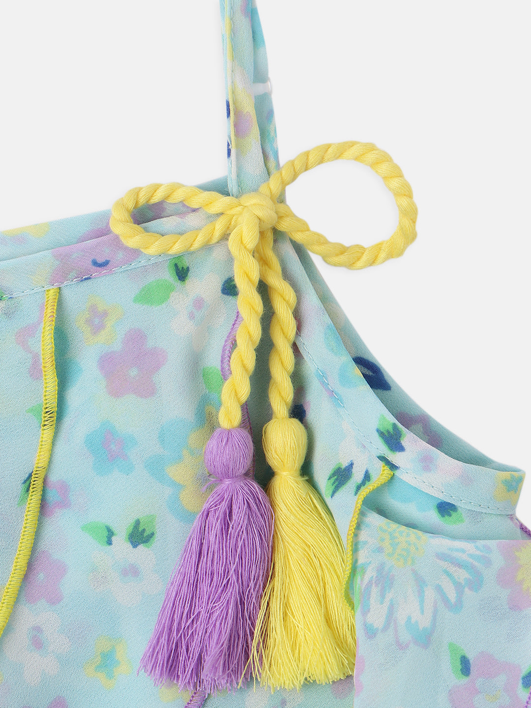 Nautinati Girls Georgette Floral Printed Waterfall Dress with Tassels Detail