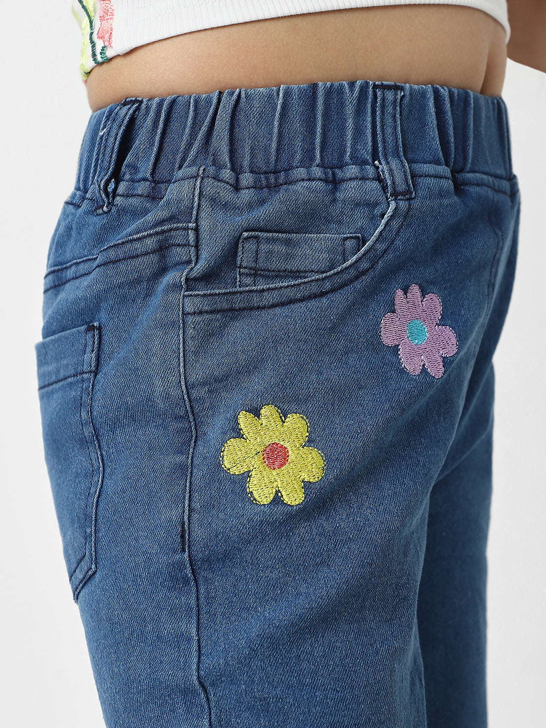 Nautinati Girls' Cotton Denim Jeans with Little Flower Appliques