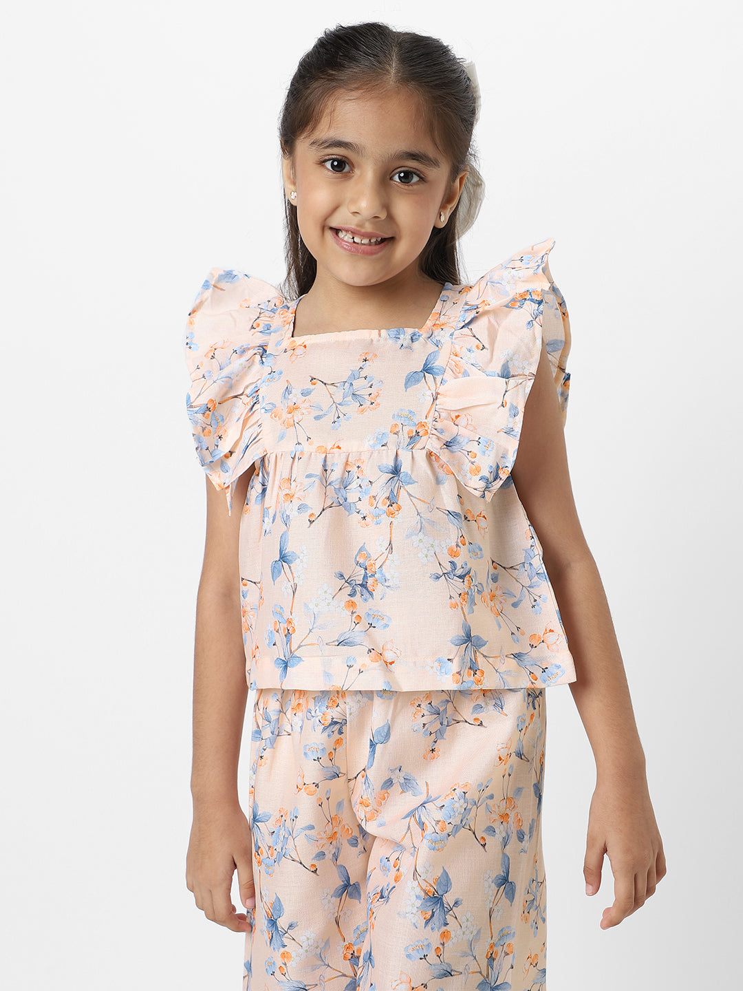 Nautinati Girls' Peach Linen Combo Set of Floral Printed Frill Sleeve Top and Matching Full Length Bottom