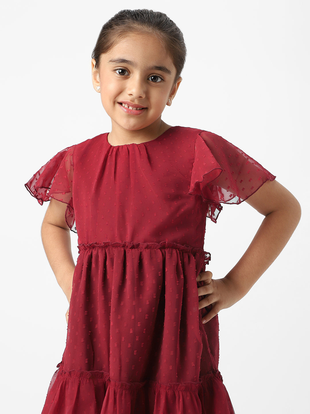 Nautinati Girls Textured Fabric Swiss Dot Tiered Dress