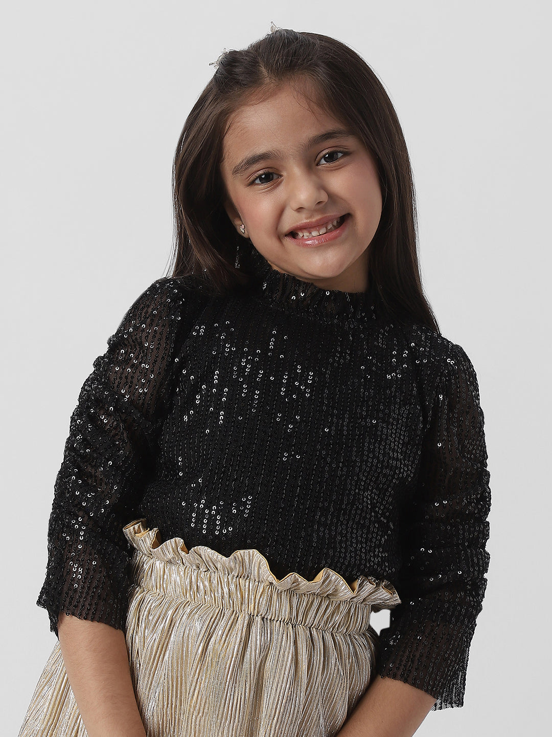 Nautinati Girls Frilled Neckline Stylised Sleeve Sequin Partywear Combo Set of Top and Skirt