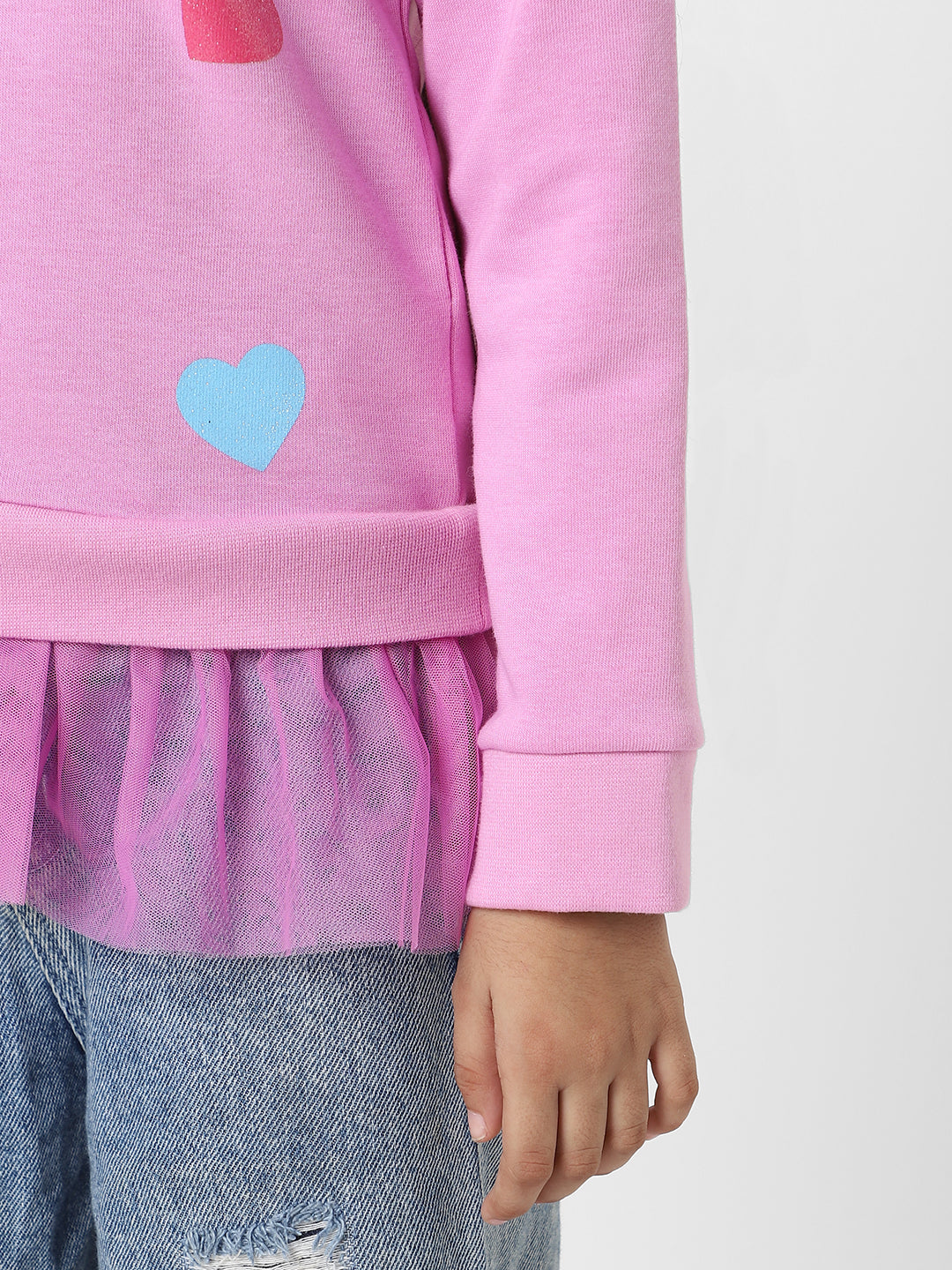 Nautinati Girls Heart Printed Round Neck Full Sleeves Sweatshirt With Frills
