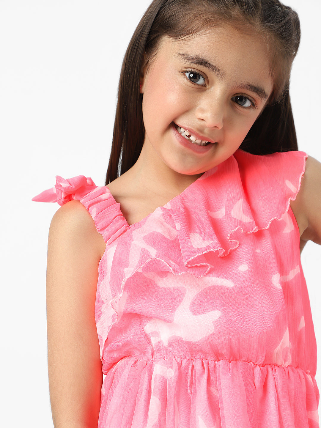 Nautinati Girls Chiffon All Over Printed Strap Sleeve Frill Dress