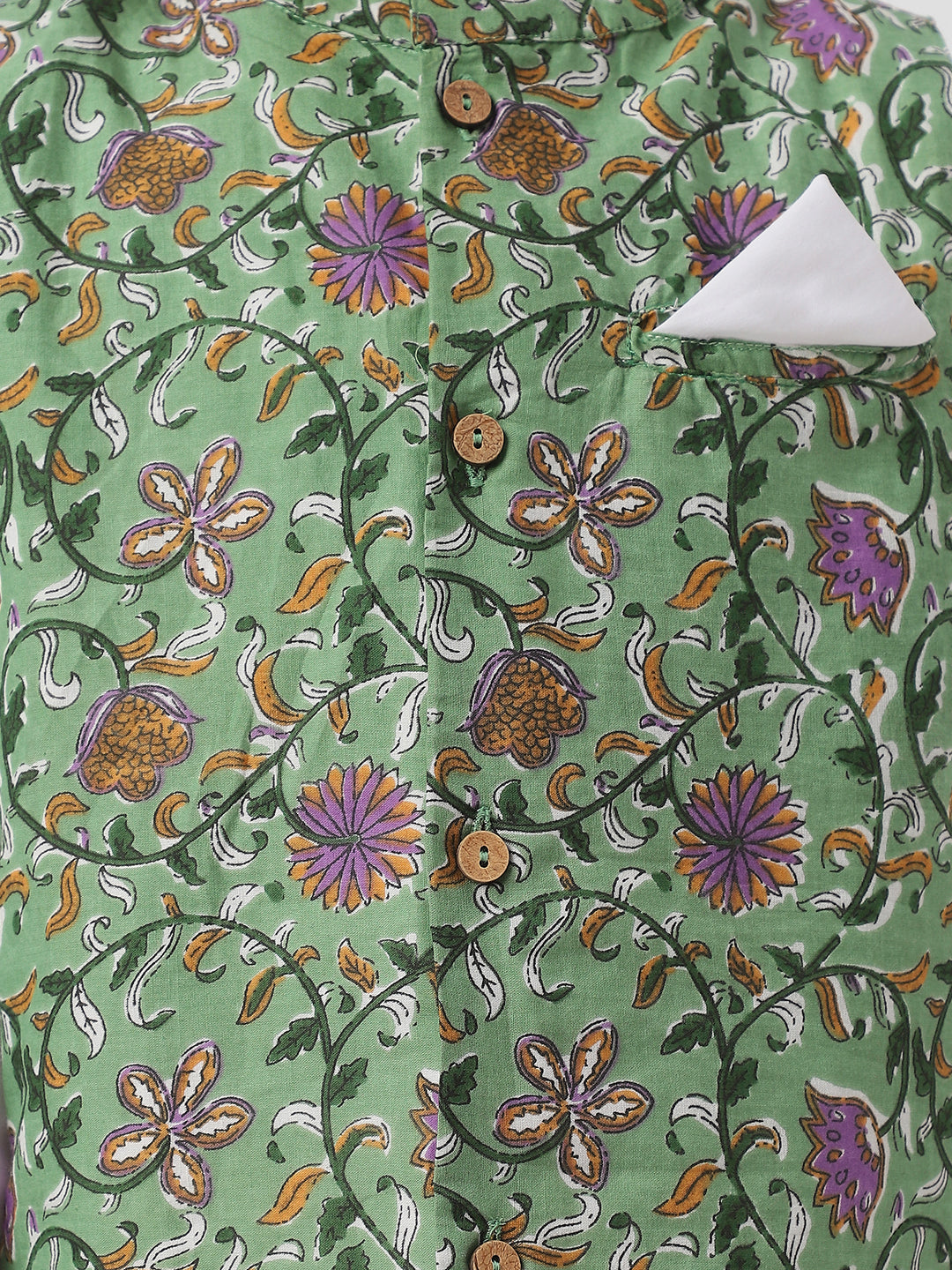 Nautinati Boys White Cotton Full Sleeve Kurta-Pyjama with Floral Jaipur Print Nehru Jacket