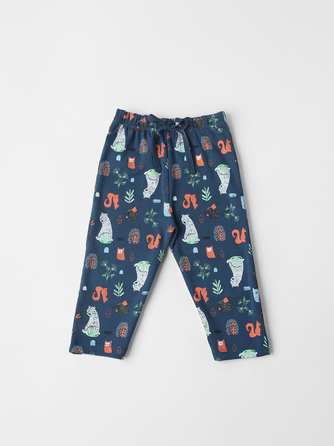 Nautinati Cotton Solid and Forest AOP Pack of 2 Pants Set for Baby Girls