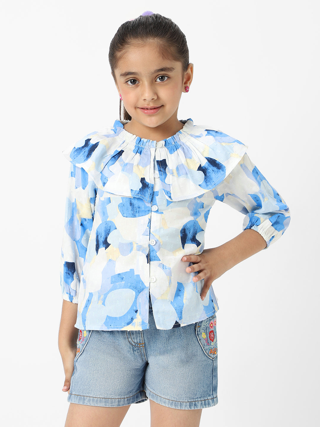 Nautinati Girls' Cotton Swiss Dot Top With Stylised Neckline