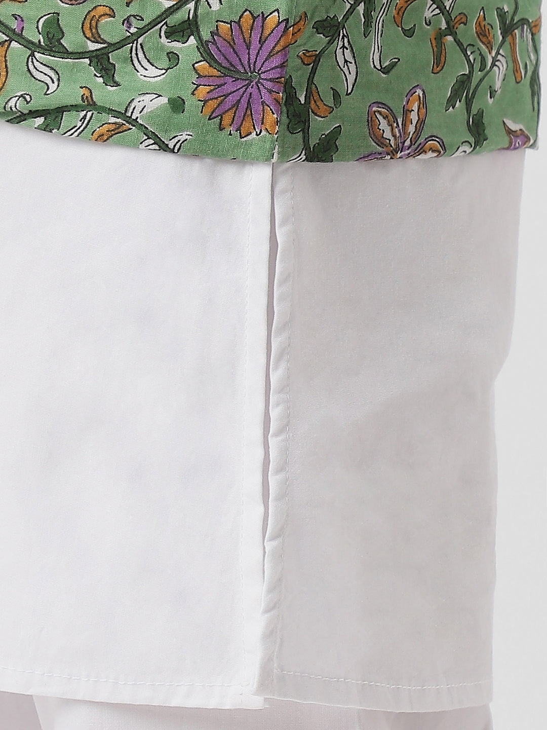 Nautinati Boys White Cotton Full Sleeve Kurta-Pyjama with Floral Jaipur Print Nehru Jacket