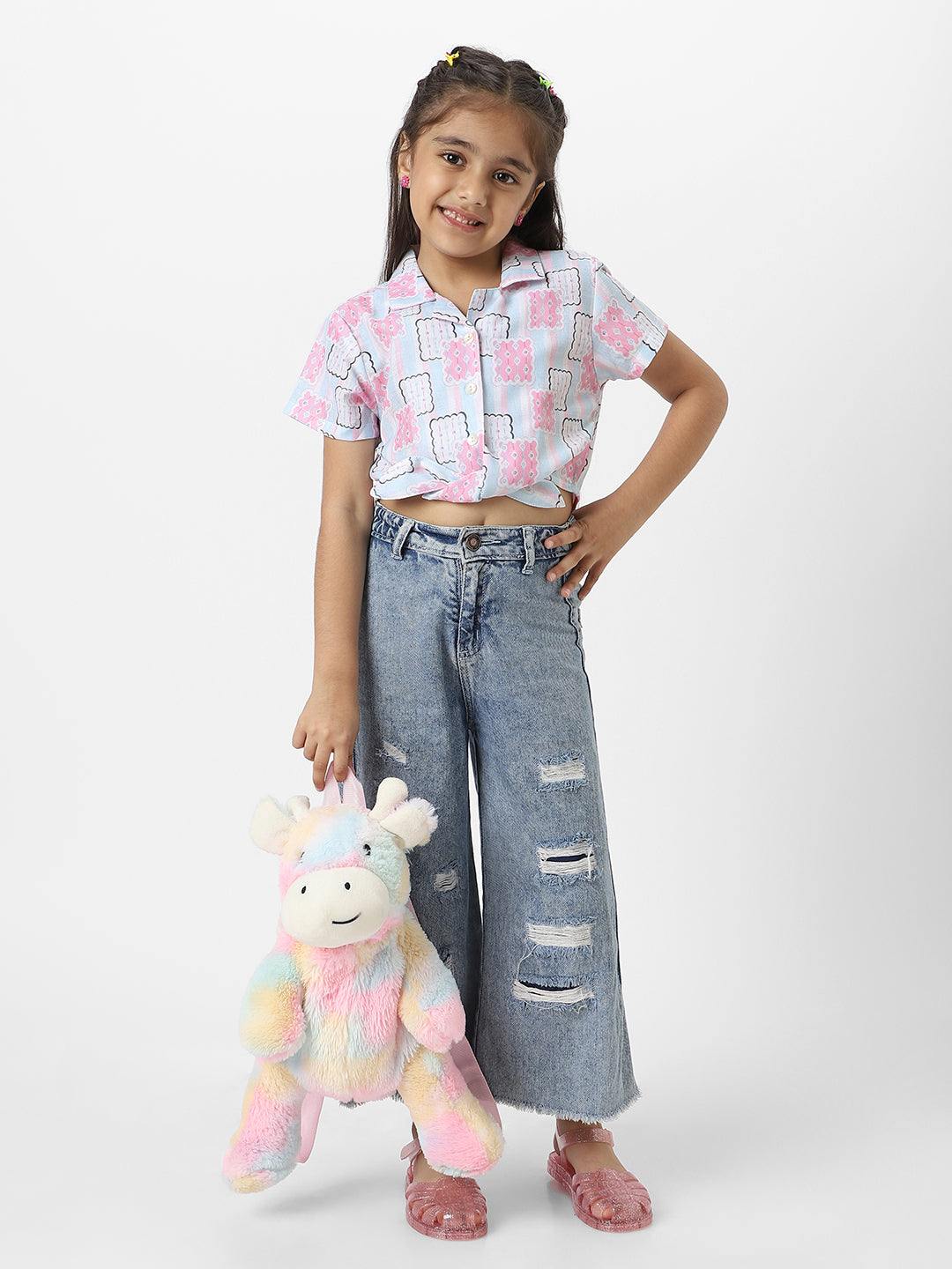 Nautinati Girls Pink And Blue Cotton Geometric Printed Everyday Wear Crop Shirt With Tie-Up Detail