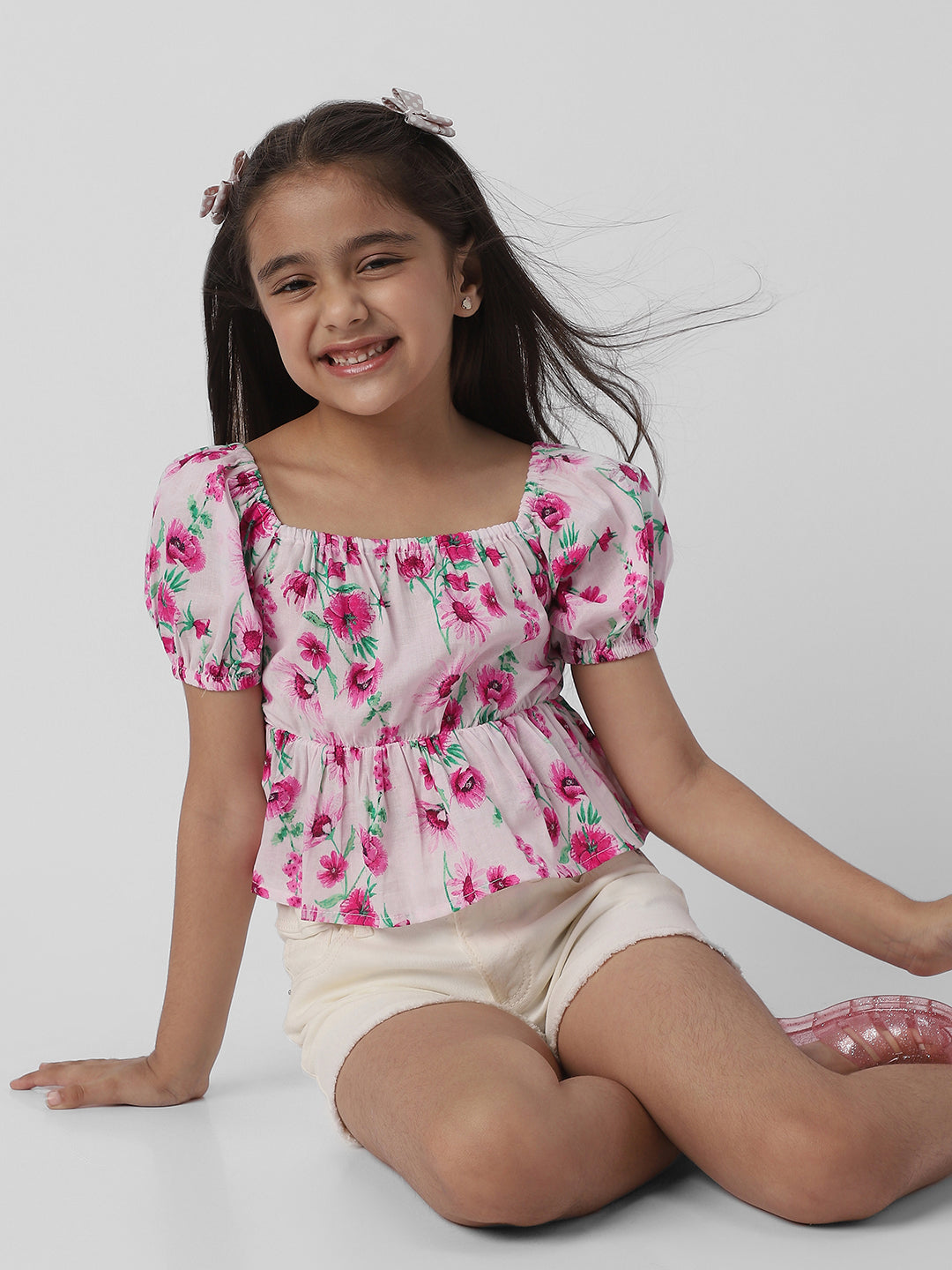 Nautinati Girls Floral Print Puff Sleeve Fit and Flare Top