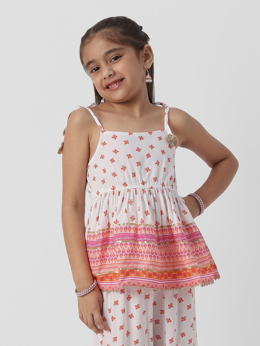 Nautinati Girls Block Print Fusion Set With Tassels, Gota Trims and Flared Silhouette
