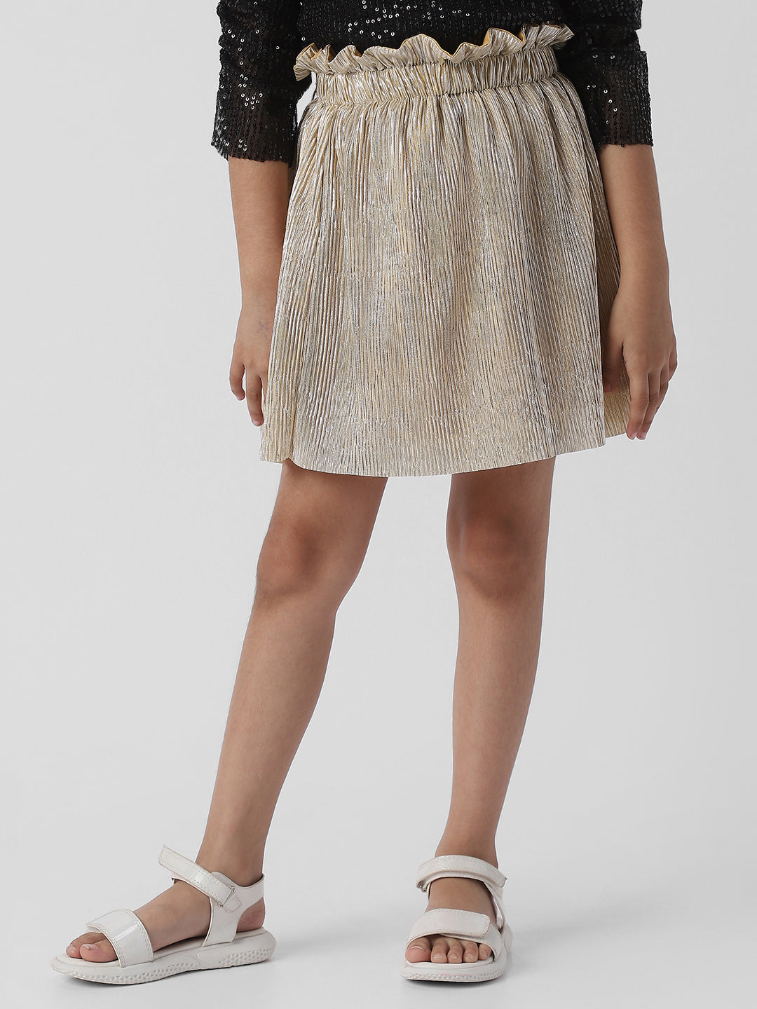 Nautinati Girls Frilled Neckline Stylised Sleeve Sequin Partywear Combo Set of Top and Skirt