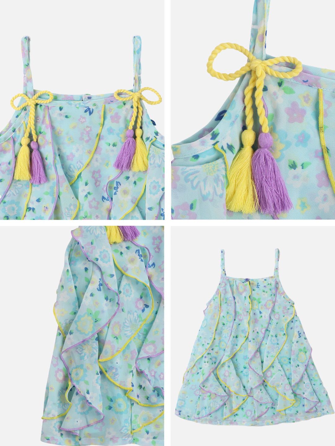 Nautinati Girls Georgette Floral Printed Waterfall Dress with Tassels Detail