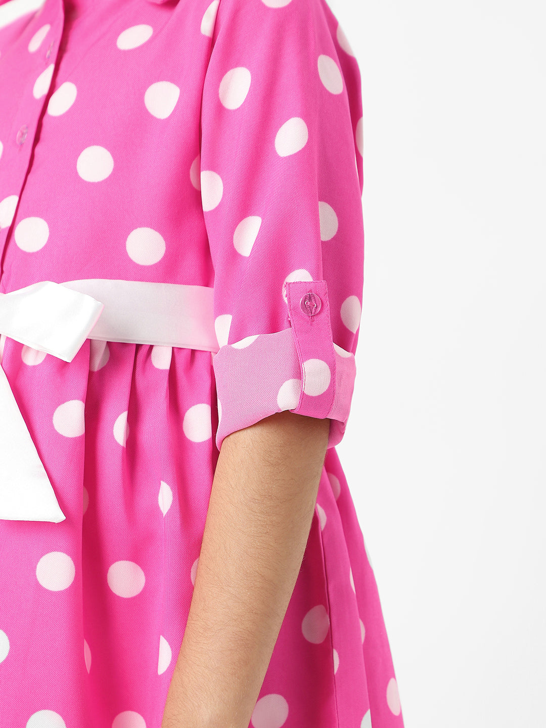 Nautinati Girls Polka Printed Shirt Dress with Satin Tie-up