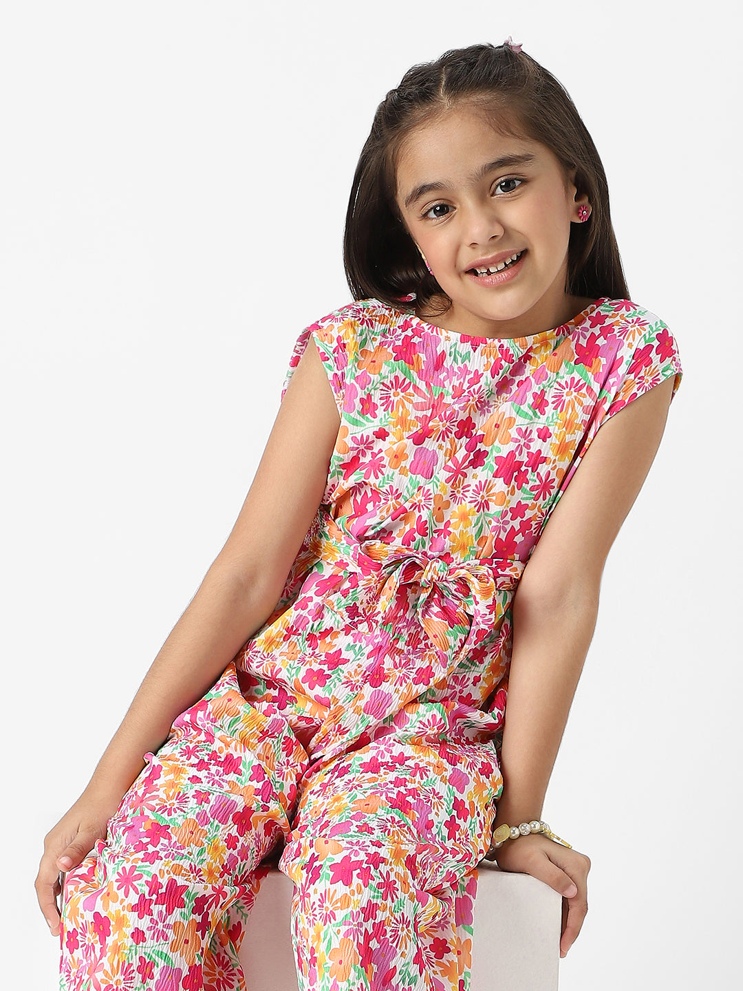 Nautinati Girls' Crepe Cotton Textured Fabric Floral Jumpsuit with Matching Tie-up Belt