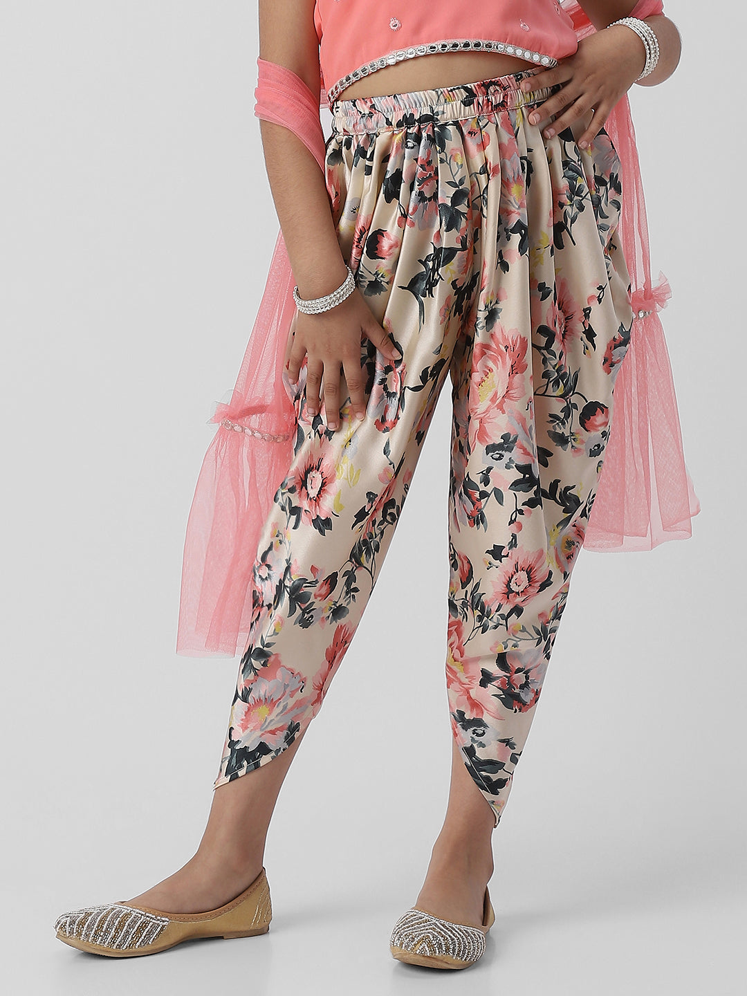 Nautinati Girls Halter Neck Mirror Lace Top and Printed Patiala Pants with Net Dupatta