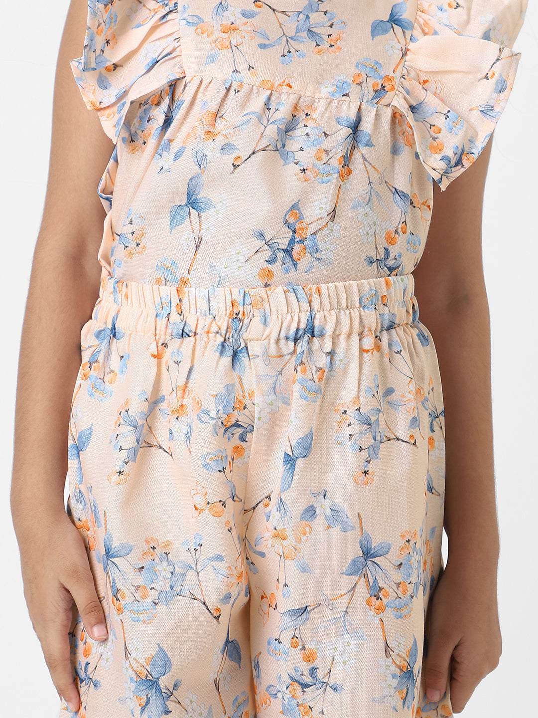 Nautinati Girls' Peach Linen Combo Set of Floral Printed Frill Sleeve Top and Matching Full Length Bottom