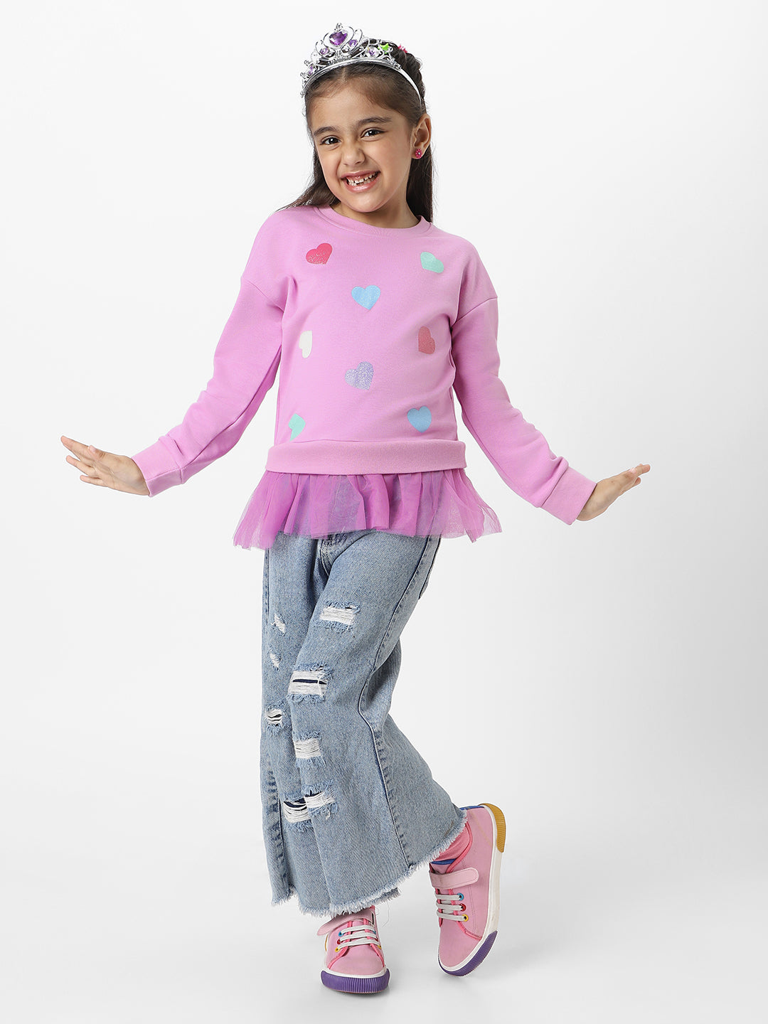 Nautinati Girls Heart Printed Round Neck Full Sleeves Sweatshirt With Frills