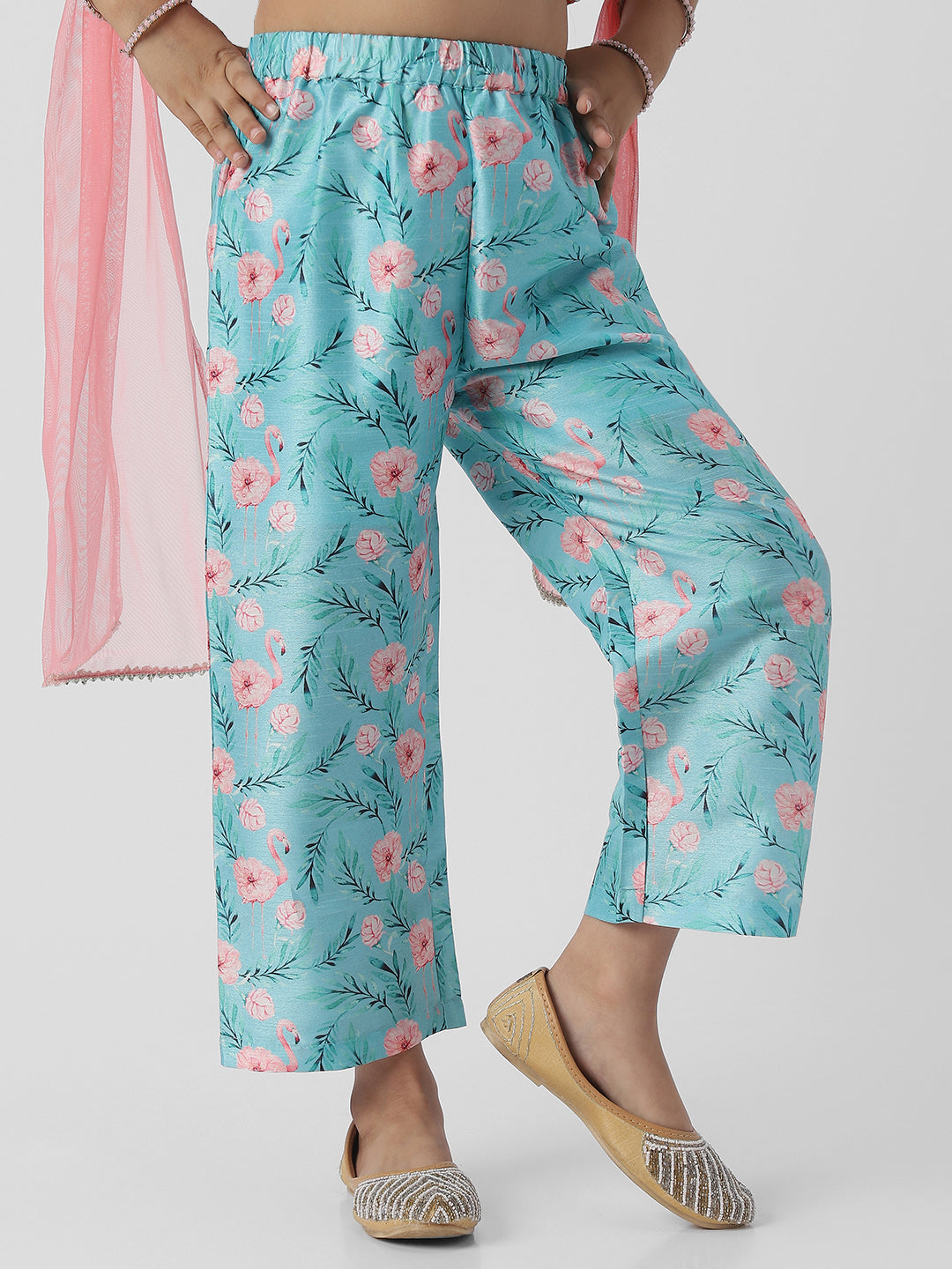 Nautinati Girls Striped Sleeveless Top and Printed Straight Pants with Net Dupatta