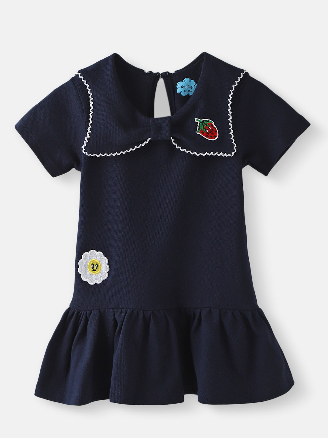 Nautinati Girls’ Blue Pique Cotton Applique Dress