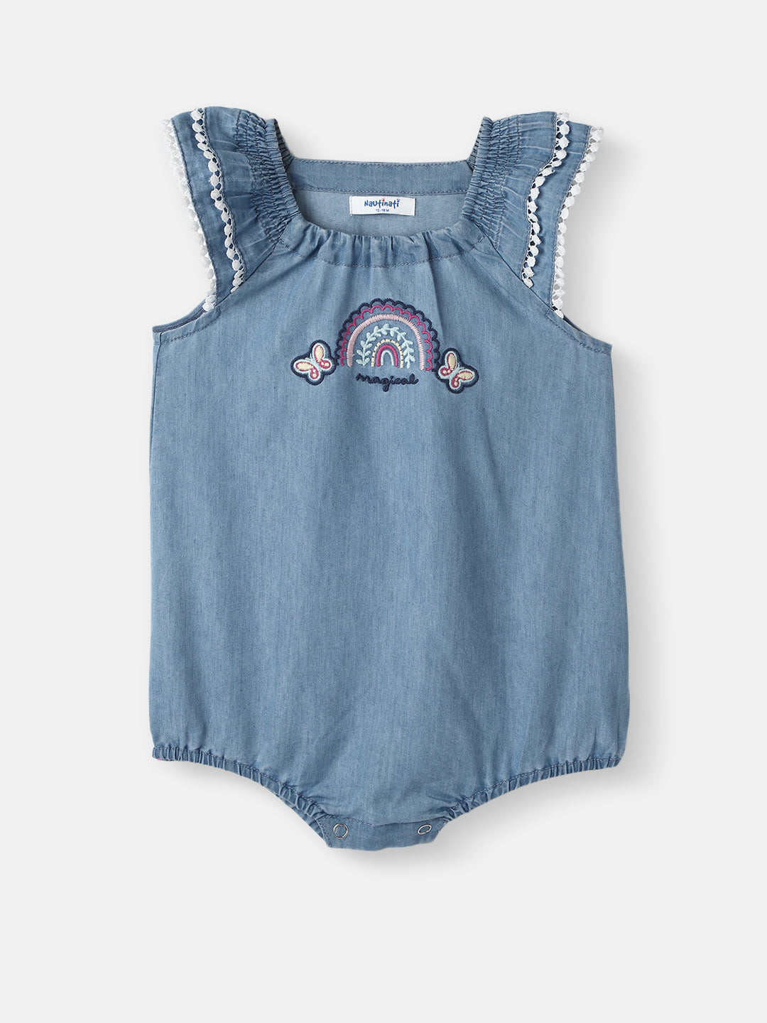 Nautinati Girls' Denim Cotton Rainbow Embroidered Bodysuit
