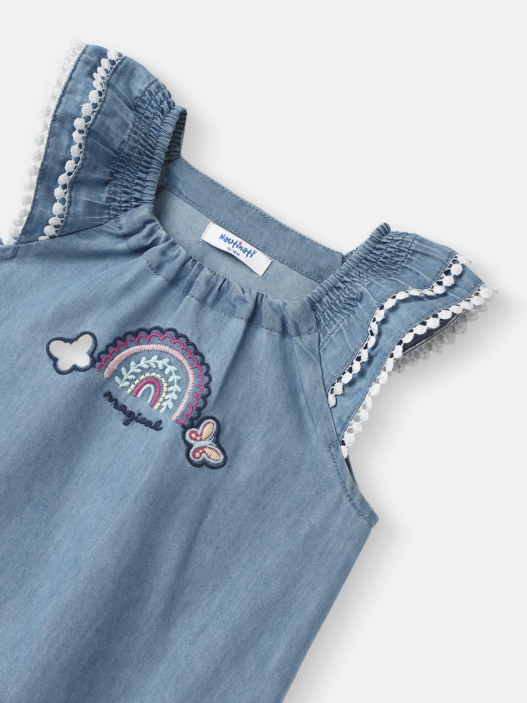 Nautinati Girls' Denim Cotton Rainbow Embroidered Bodysuit