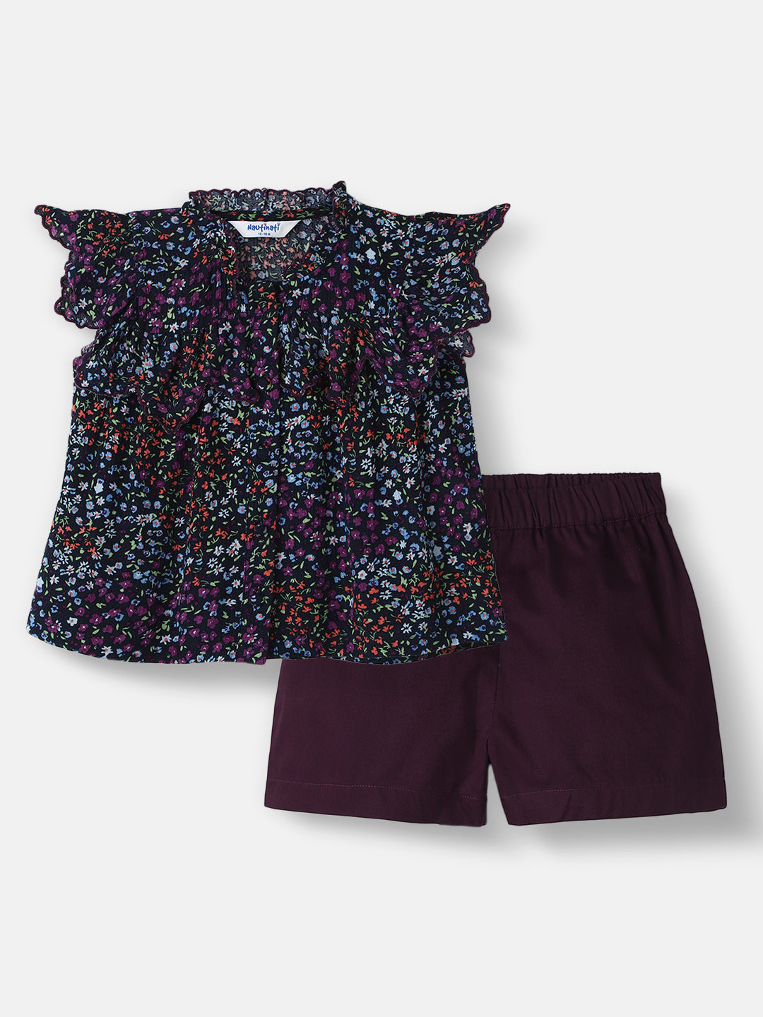 Nautinati Girls' Floral Print Round-neck Top and Shorts Set