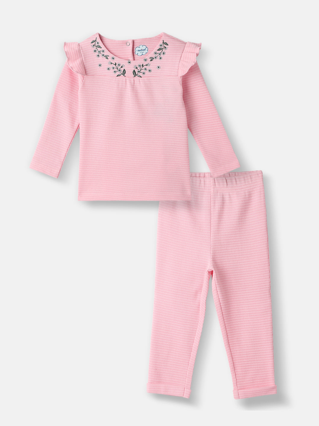 Nautinati Girls' Textured Cotton Top and Pants Set with Embroidered Neck