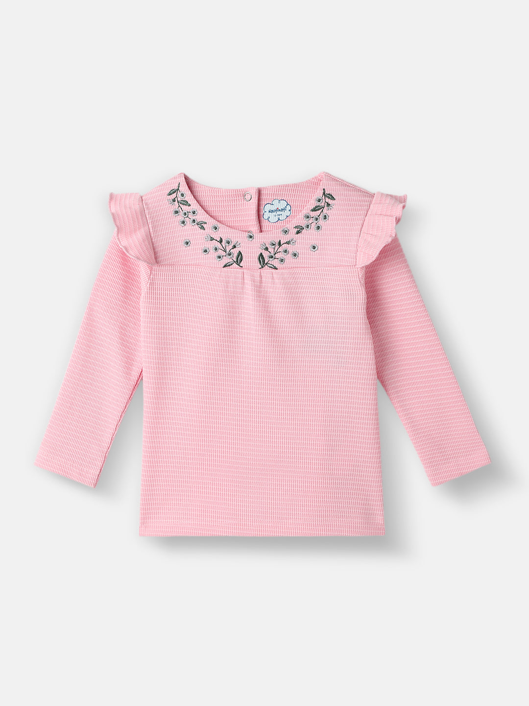 Nautinati Girls' Textured Cotton Top and Pants Set with Embroidered Neck