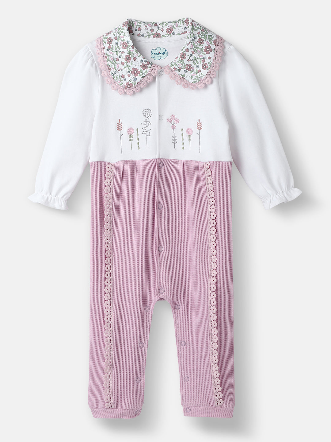Nautinati Girls' Textured Fabric Floral Embroidered Collared Jumpsuit