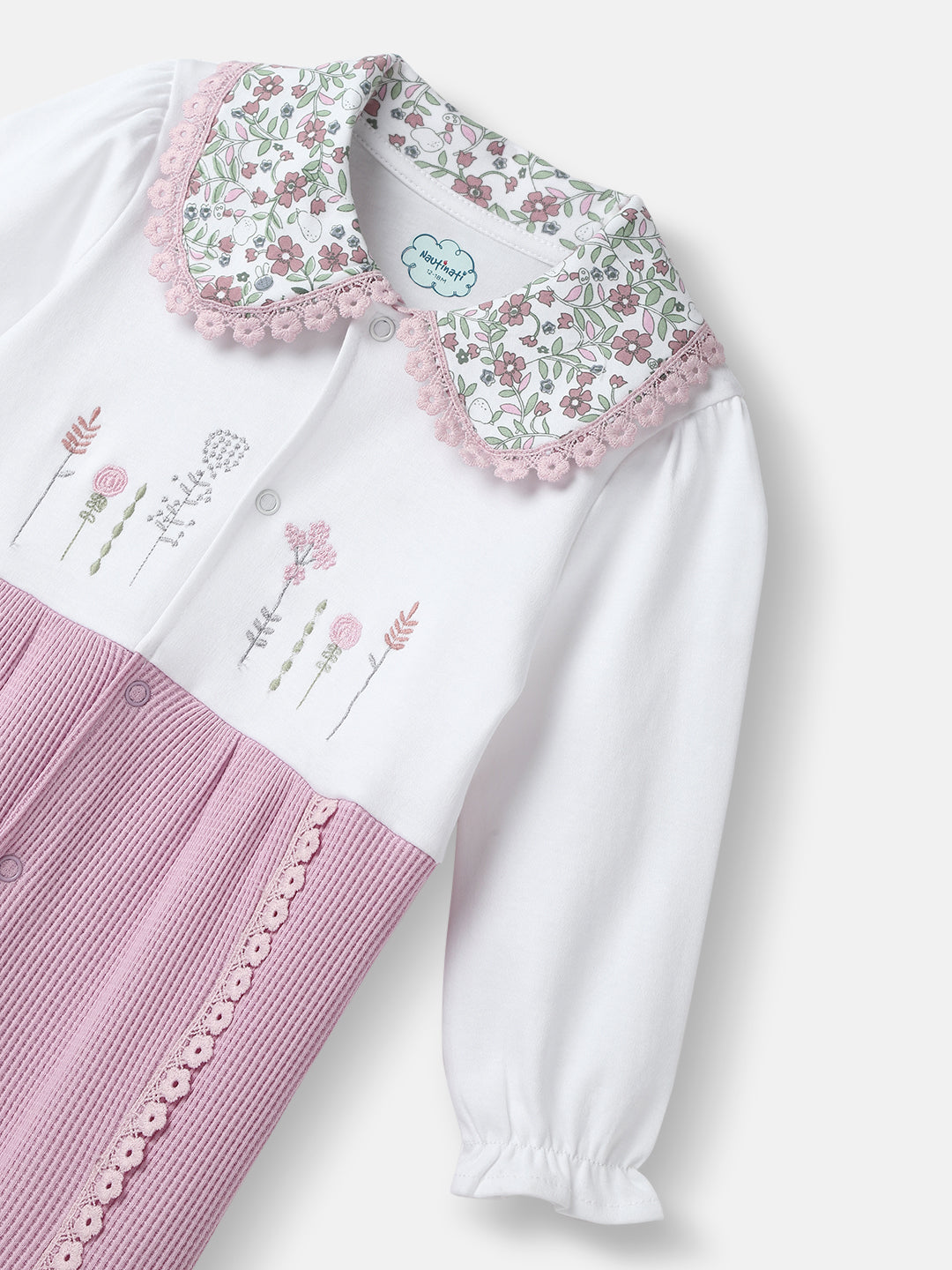 Nautinati Girls' Textured Fabric Floral Embroidered Collared Jumpsuit