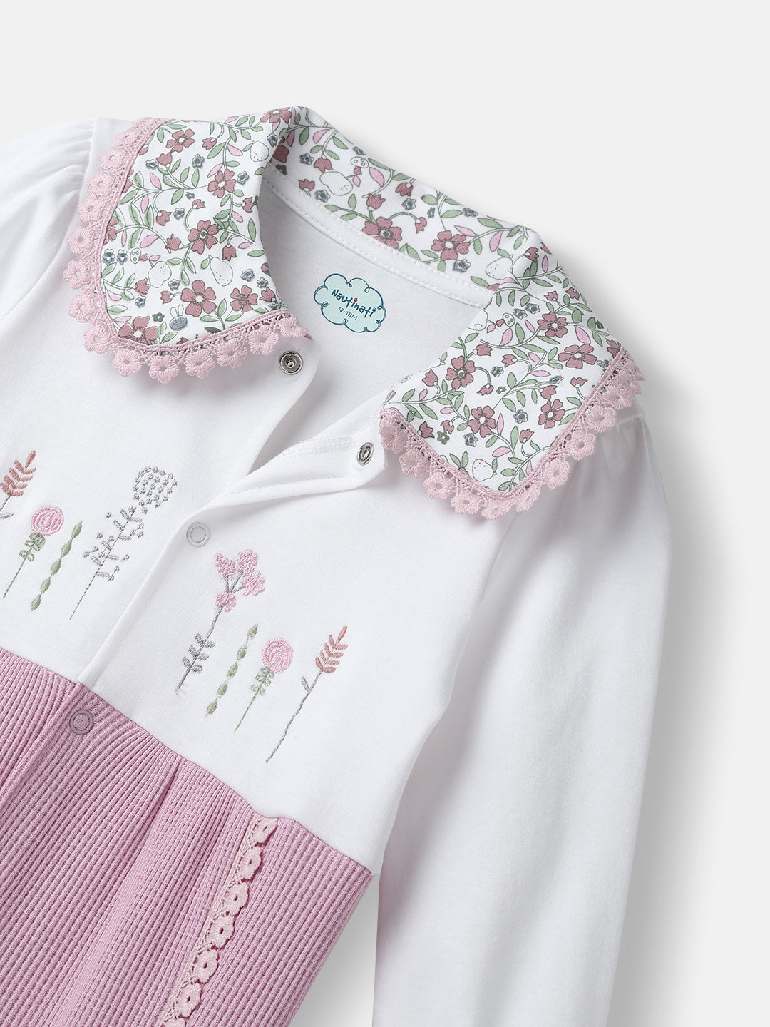 Nautinati Girls' Textured Fabric Floral Embroidered Collared Jumpsuit