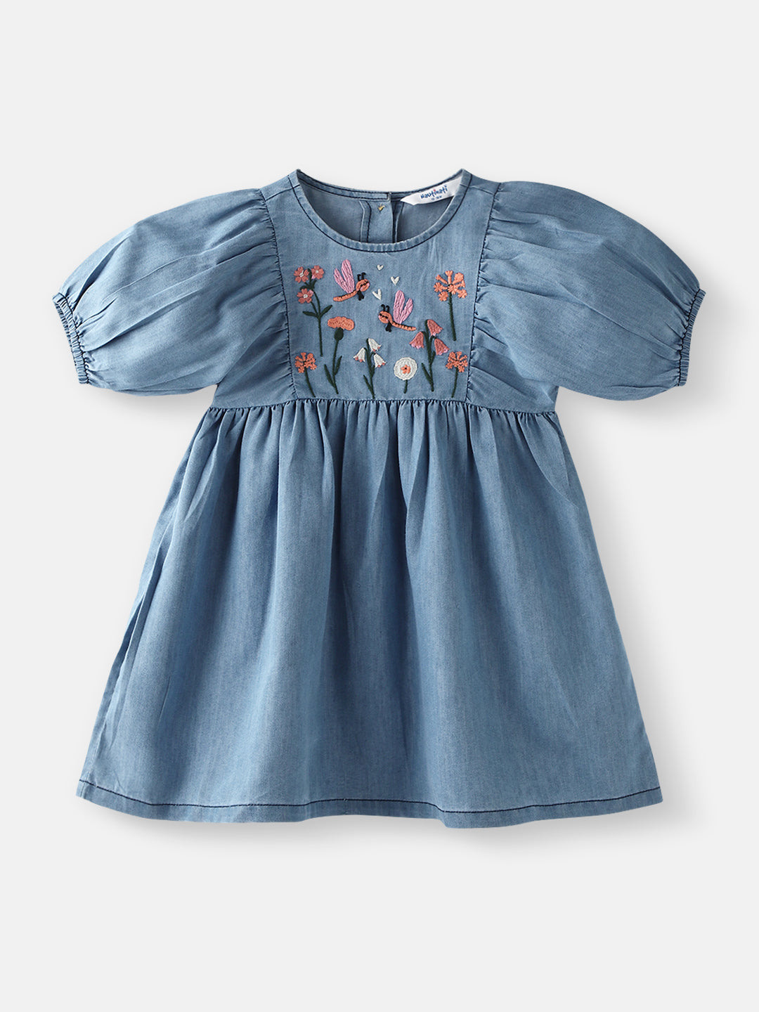 Nautinati Girls’ Blue Denim Floral Embroidery Dress