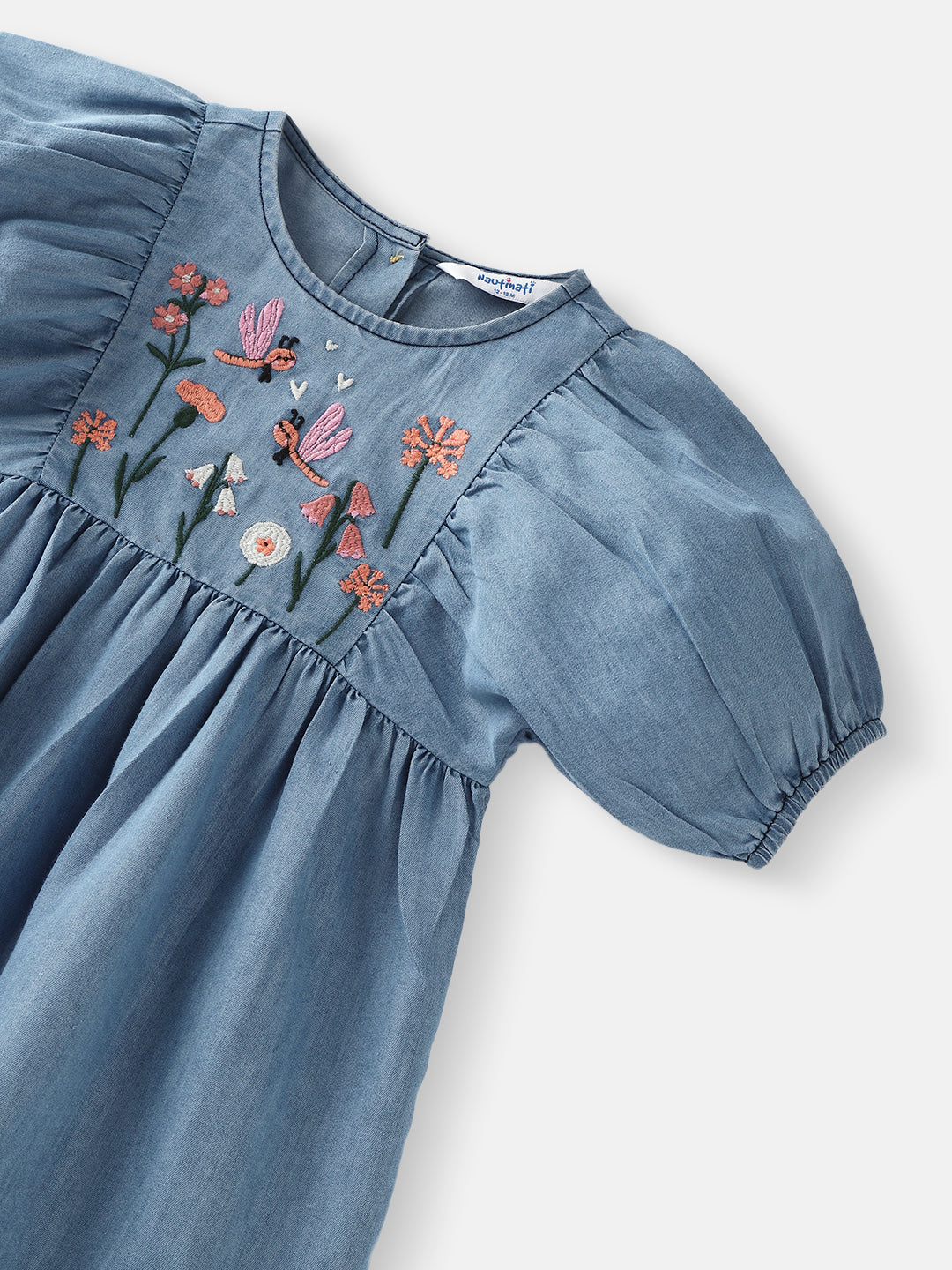 Nautinati Girls’ Blue Denim Floral Embroidery Dress