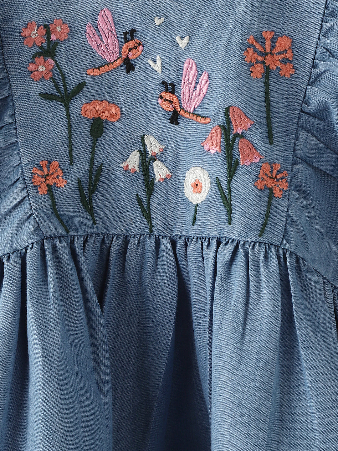 Nautinati Girls’ Blue Denim Floral Embroidery Dress