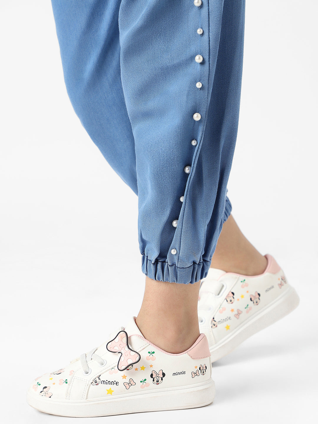 Nautinati Girls' Cotton Denim Jogger Jeans with Pearl Sequins