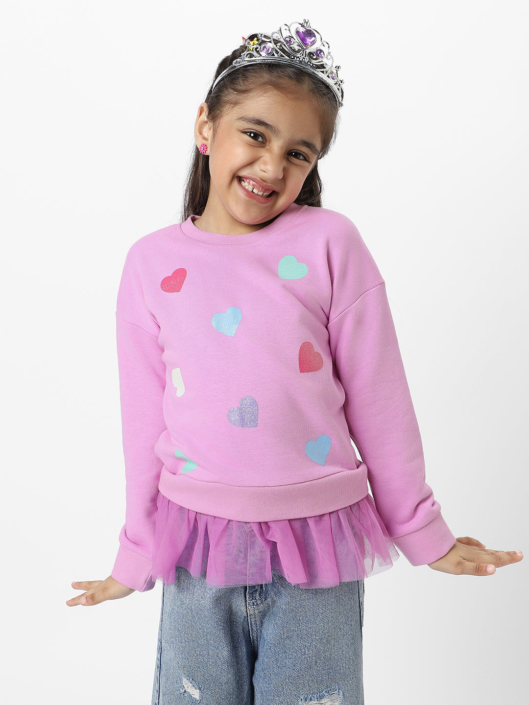 Nautinati Girls Heart Printed Round Neck Full Sleeves Sweatshirt With Frills