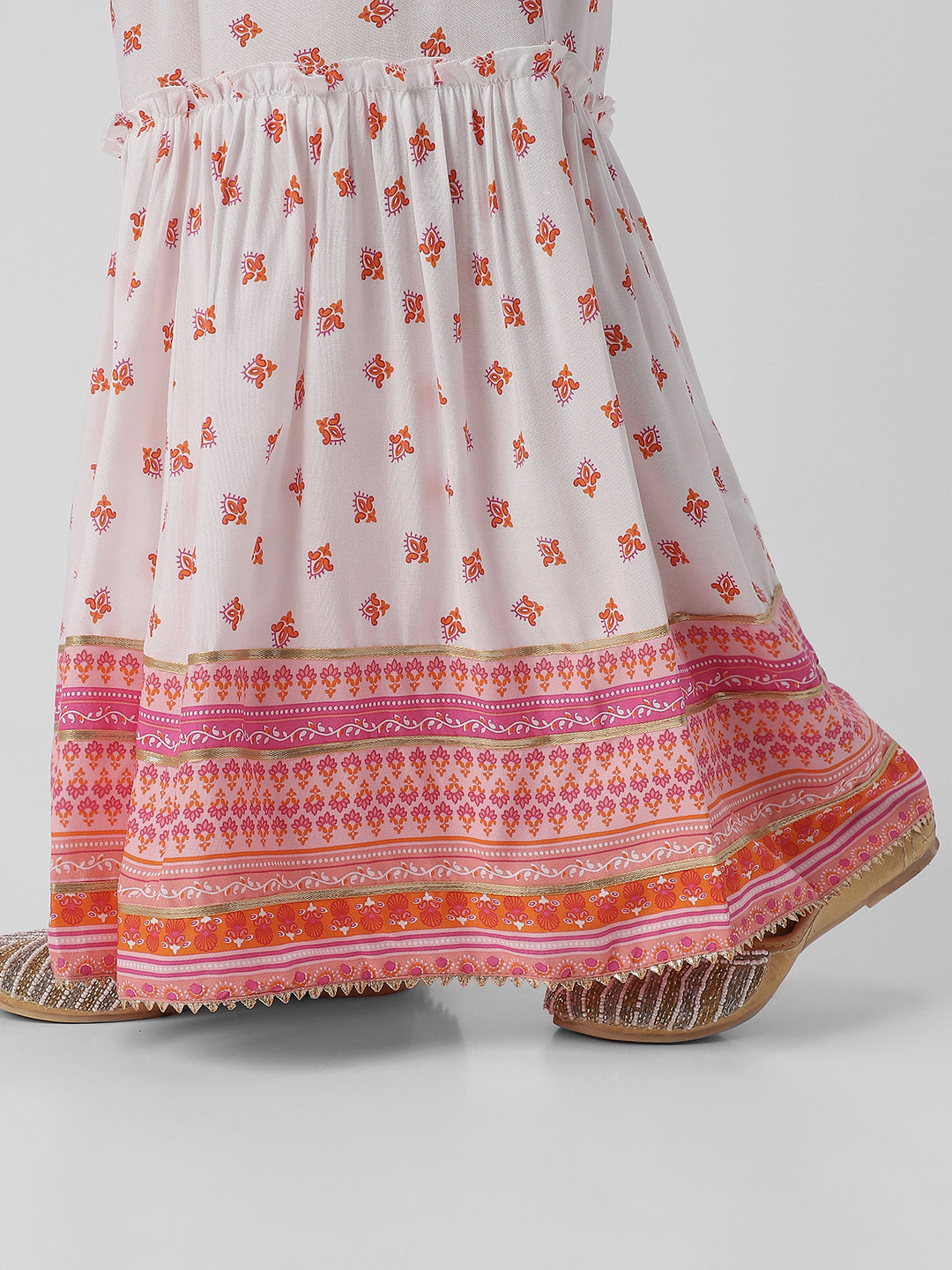 Nautinati Girls Block Print Fusion Set With Tassels, Gota Trims and Flared Silhouette