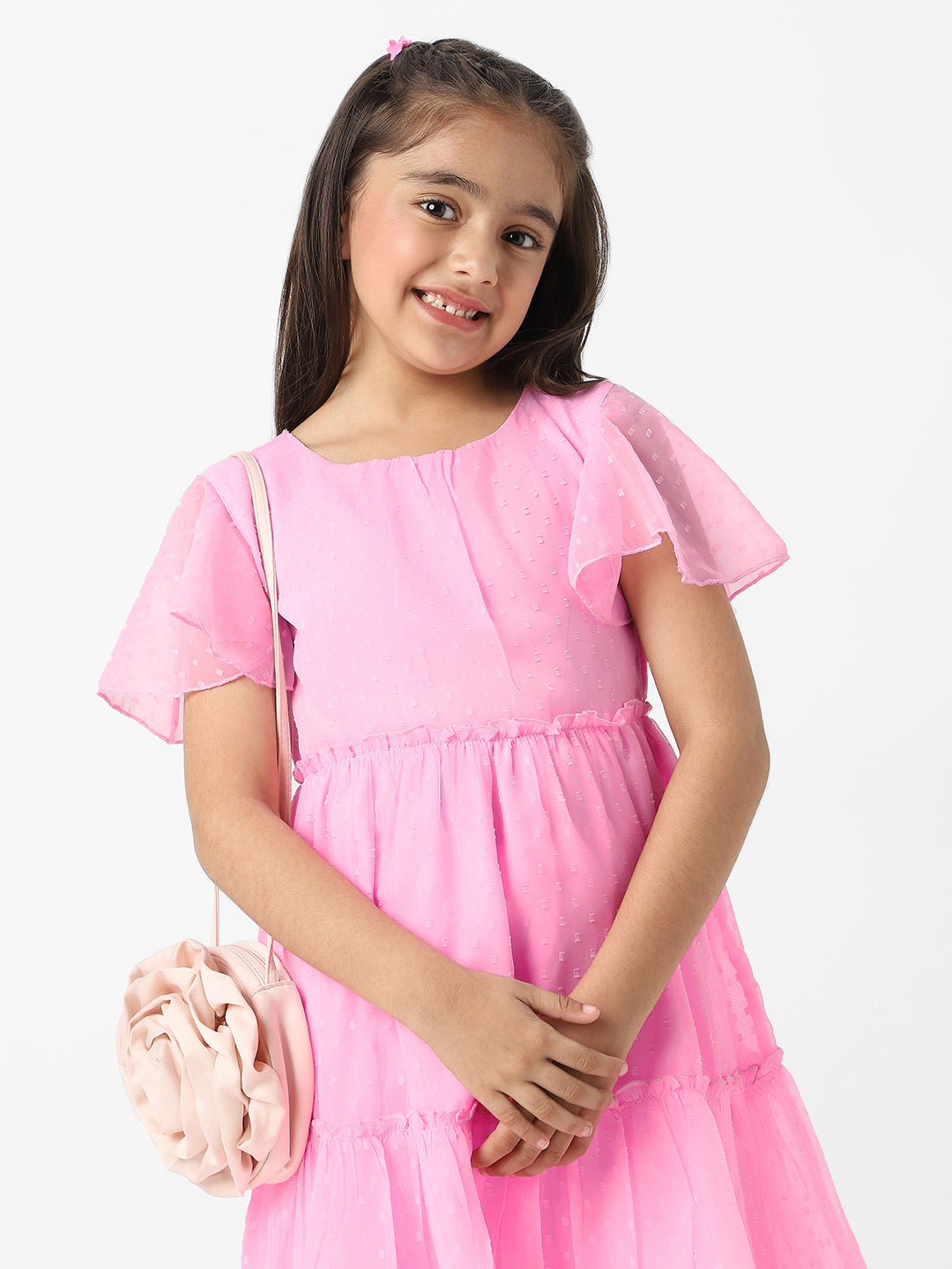 Nautinati Girls Textured Fabric Swiss Dot Tiered Dress