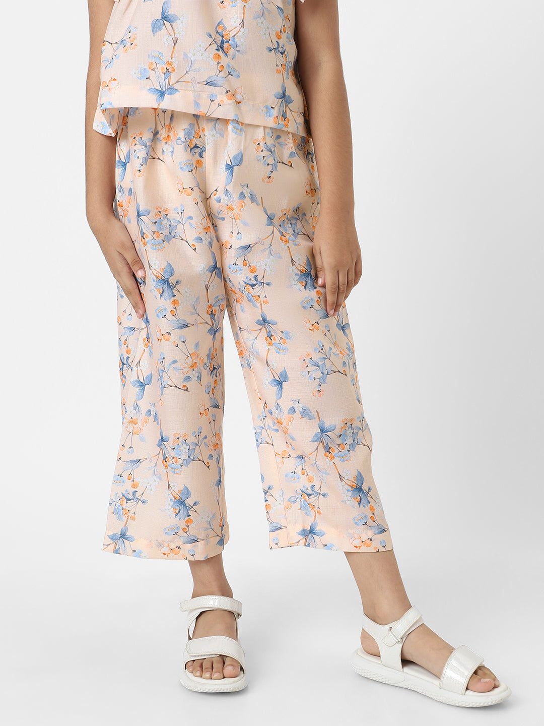 Nautinati Girls' Peach Linen Combo Set of Floral Printed Frill Sleeve Top and Matching Full Length Bottom