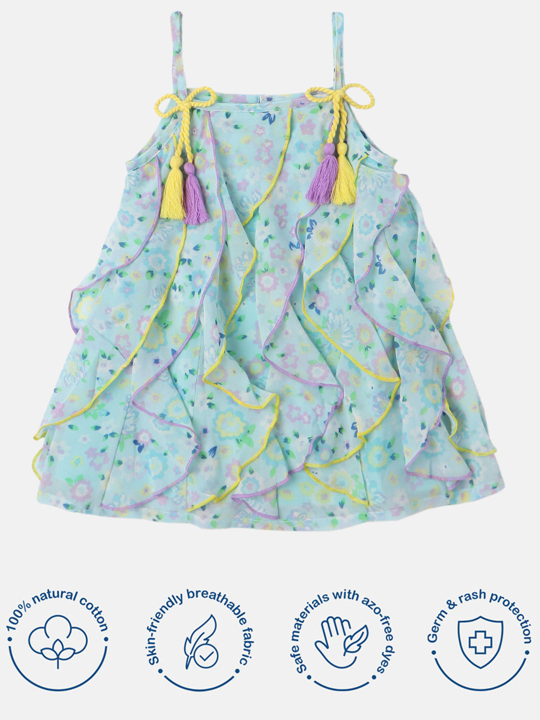 Nautinati Girls Georgette Floral Printed Waterfall Dress with Tassels Detail