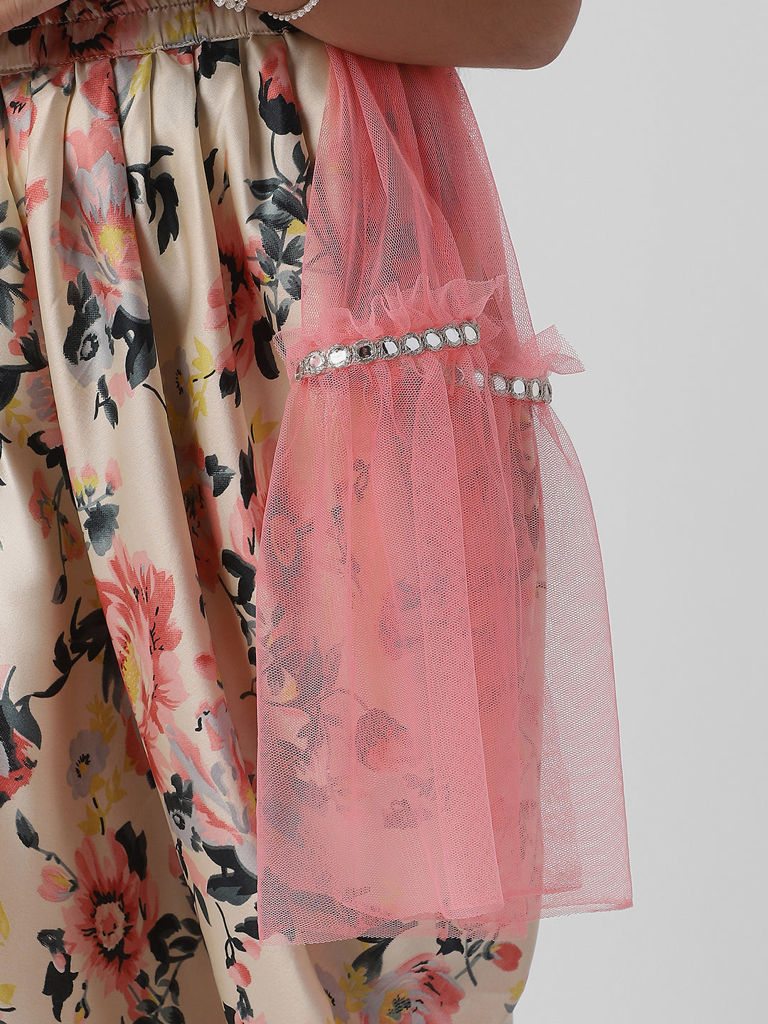 Nautinati Girls Halter Neck Mirror Lace Top and Printed Patiala Pants with Net Dupatta