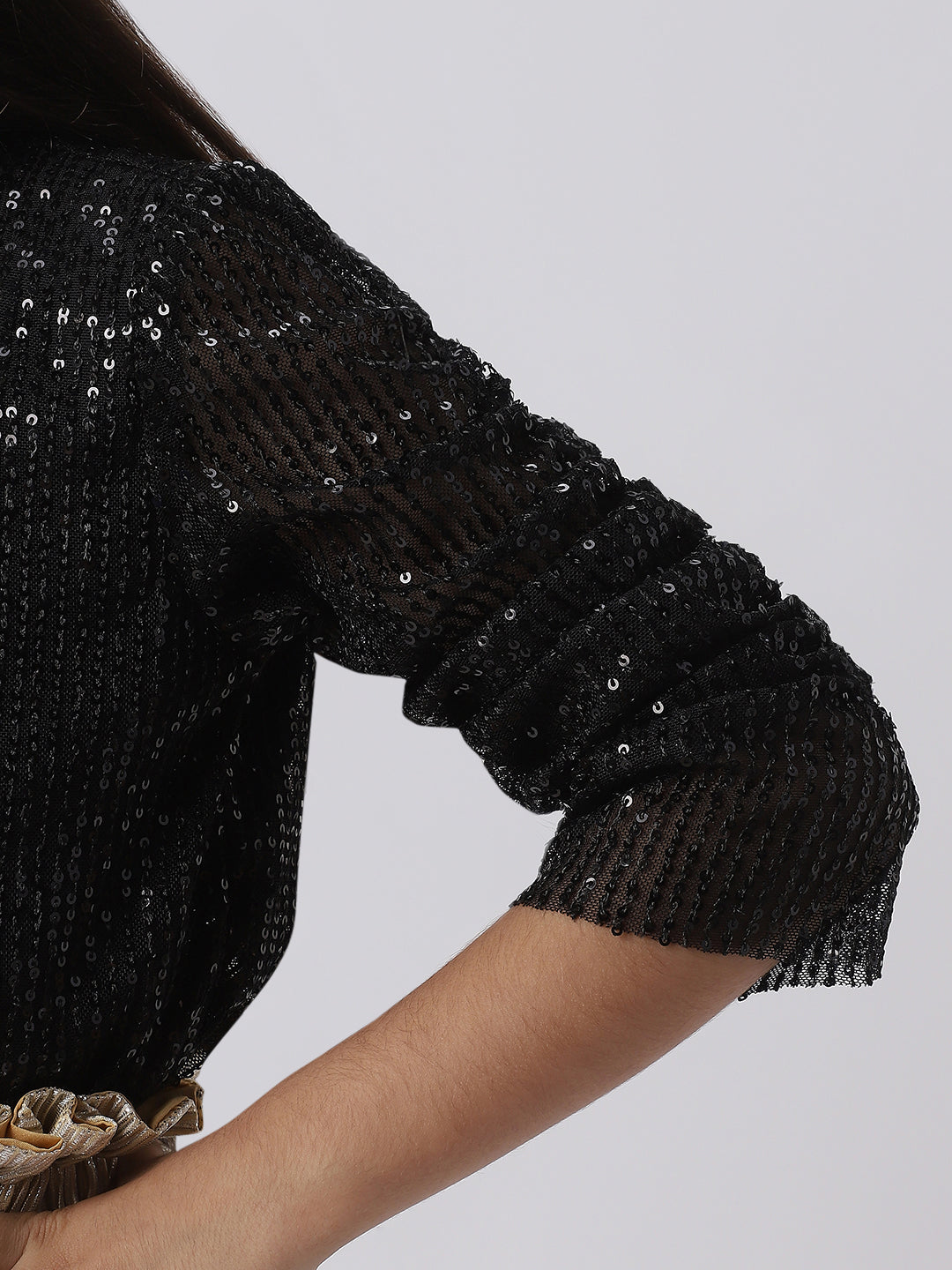 Nautinati Girls Frilled Neckline Stylised Sleeve Sequin Partywear Combo Set of Top and Skirt