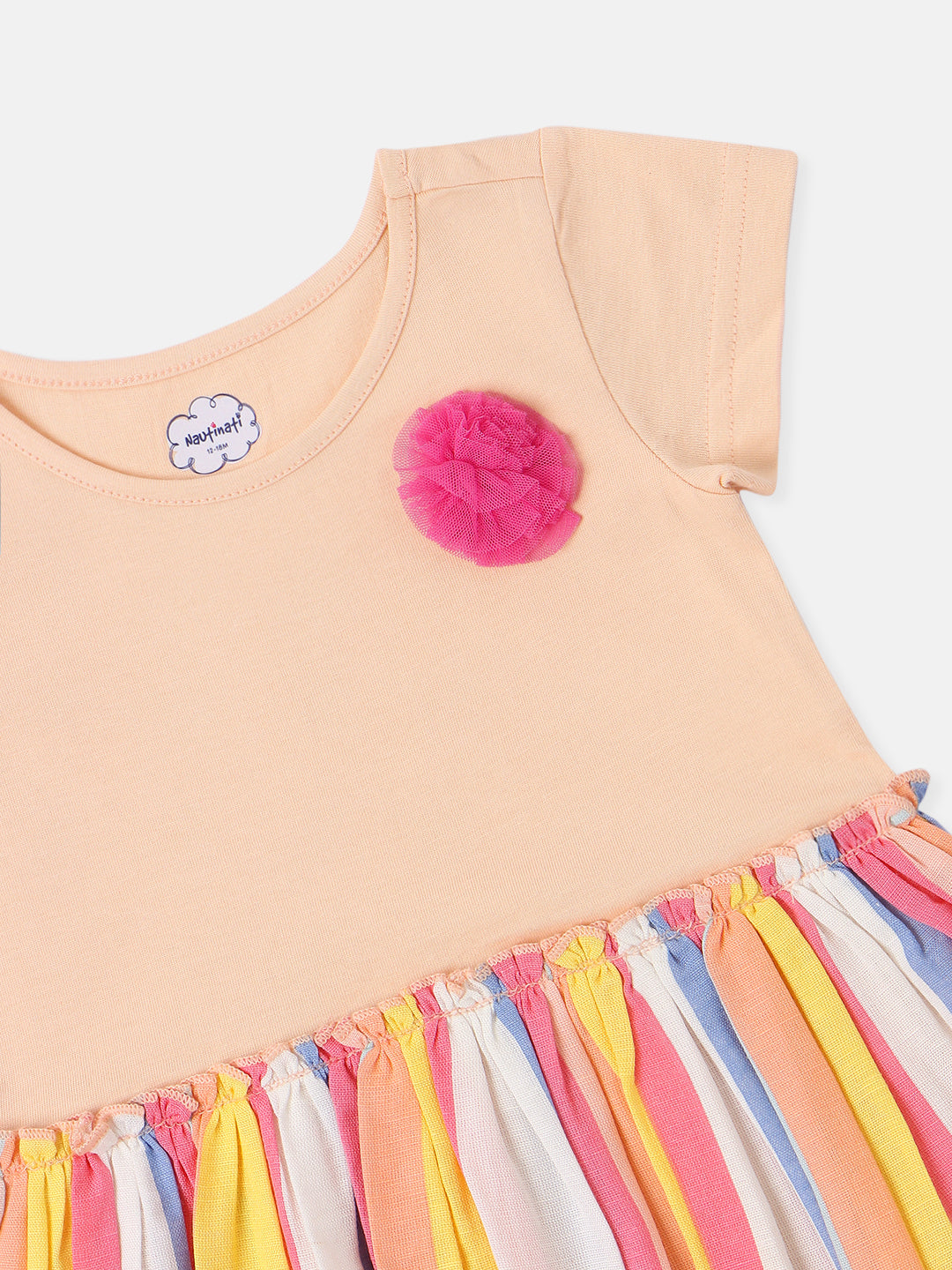 Nautinati Girls Cotton Striped Mesh Dress with Knitted Upper Bodice