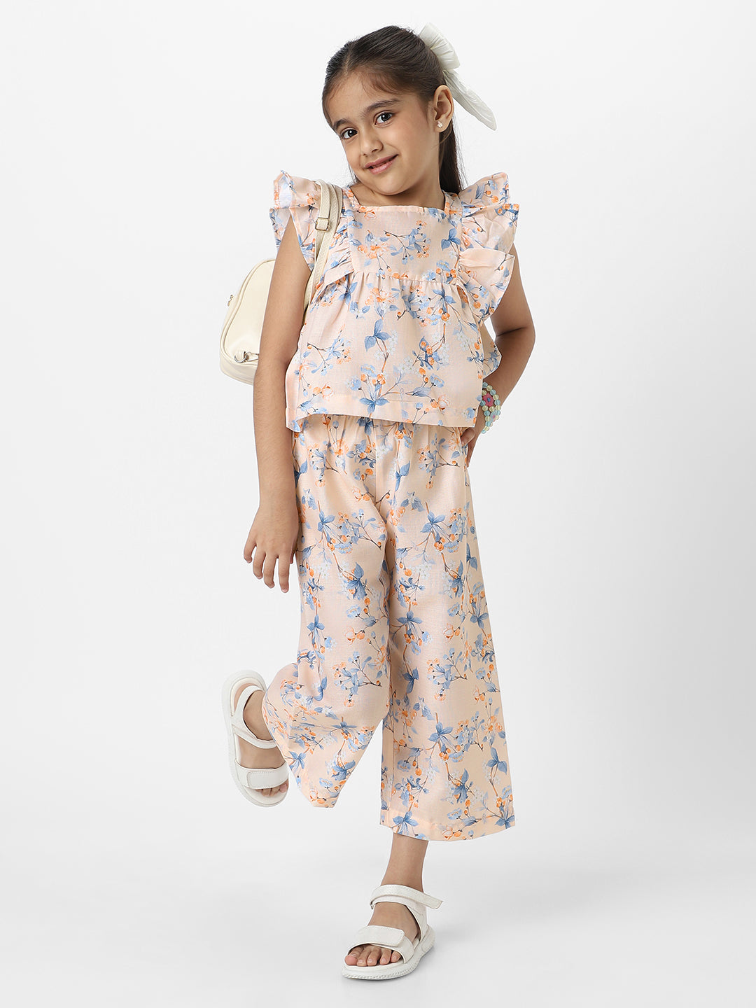 Nautinati Girls' Peach Linen Combo Set of Floral Printed Frill Sleeve Top and Matching Full Length Bottom