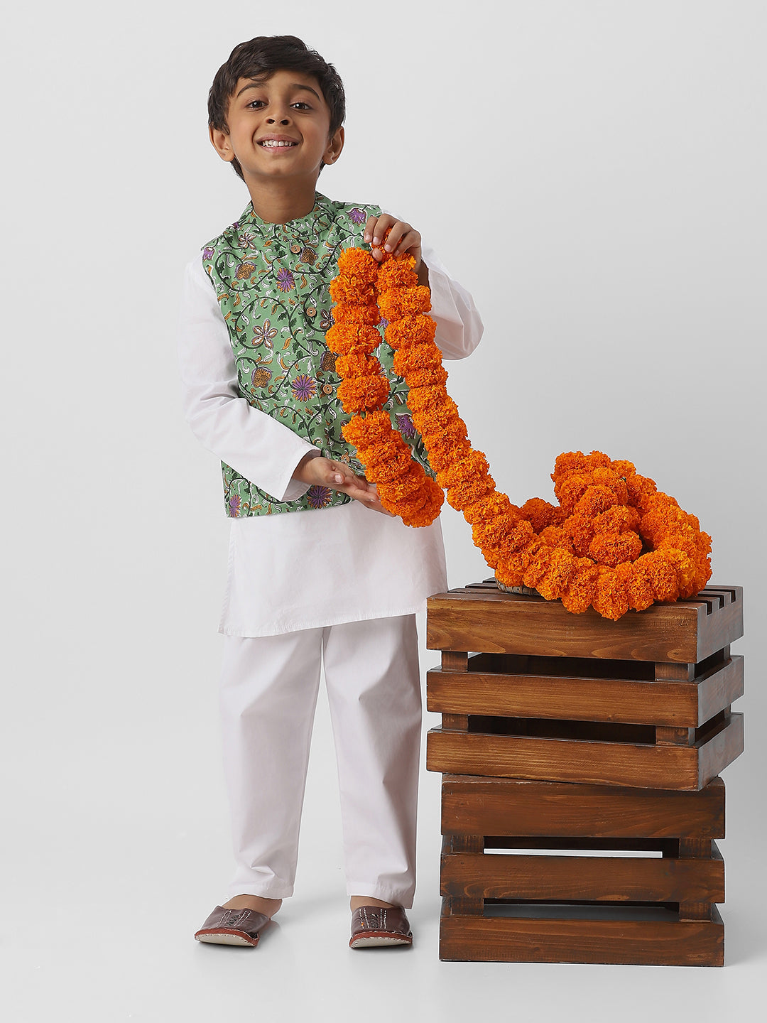 Nautinati Boys White Cotton Full Sleeve Kurta-Pyjama with Floral Jaipur Print Nehru Jacket
