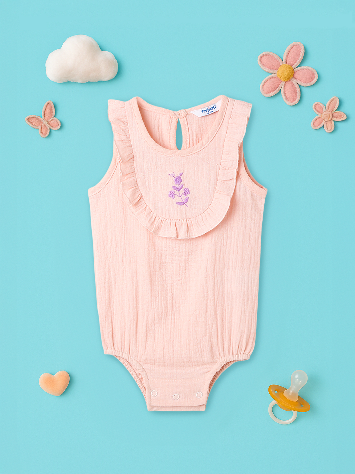Nautinati Girls' Cotton Embroidered Sleeveless Romper