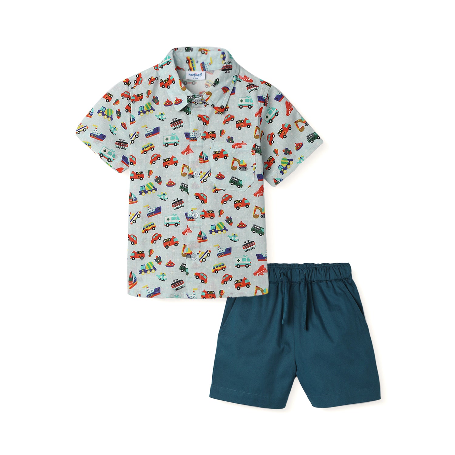Nautinati Boys All-over Vehicle Print Shirt and Shorts Set| Cotton| Age 3 - 24 Months
