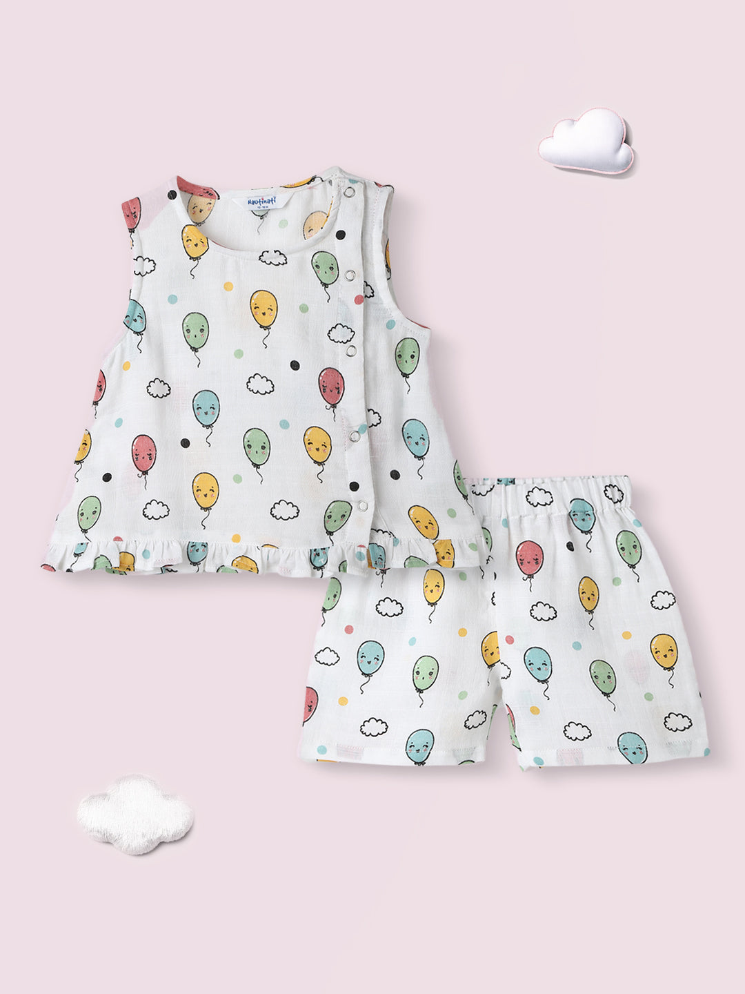 Nautinati Girls' Cotton Balloon Print Sleeveless Top and Shorts Coord Set