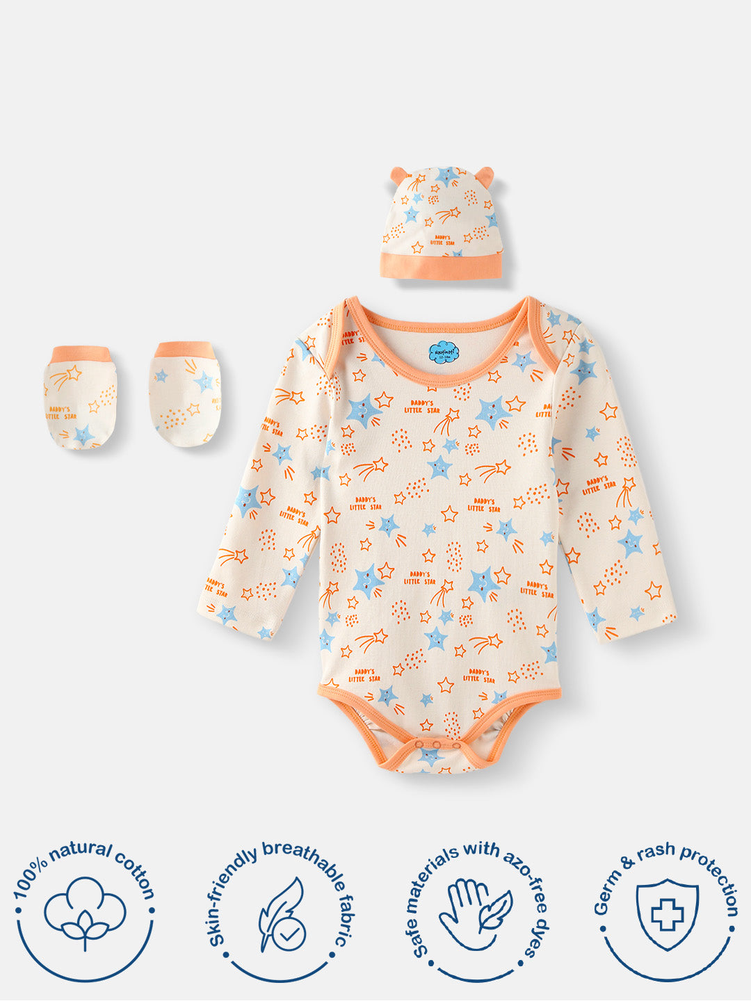 Nautinati Infant's Soft Cotton Star Print Bodysuit With Mittens and Beanie